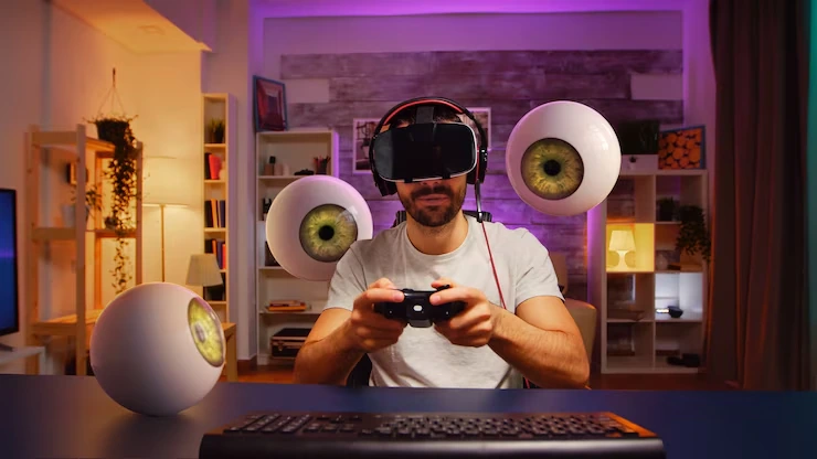 Man playing VR game surrounded by digital eyeballs at a Custom Game Development Agency in UK