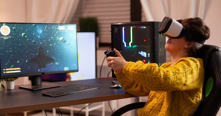 Woman enjoying VR space game at a Custom Game Development Agency in UK