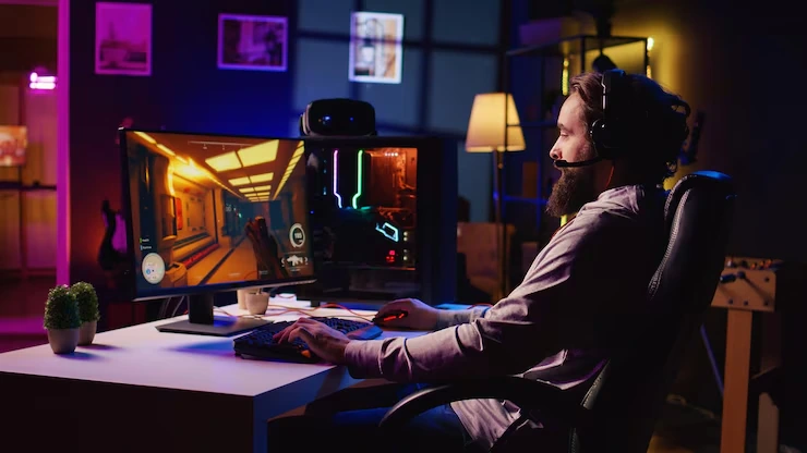Gamer wearing a headset playing FPS at a Custom Game Development Agency in UK