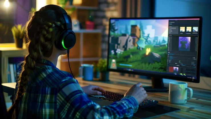 Girl designing landscape assets at Roblox Game Development Agency in UK