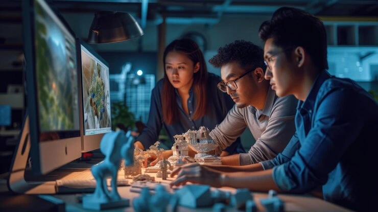 Game designers collaborating on models at a Custom Game Development Agency in UK