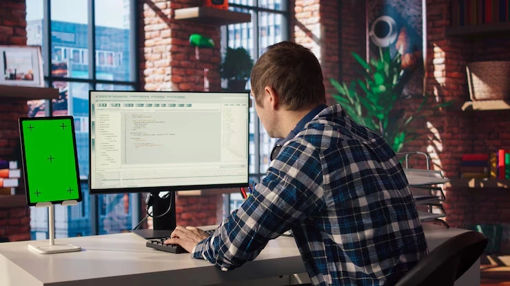 Programmer writing game code at Roblox Game Development Agency in UK