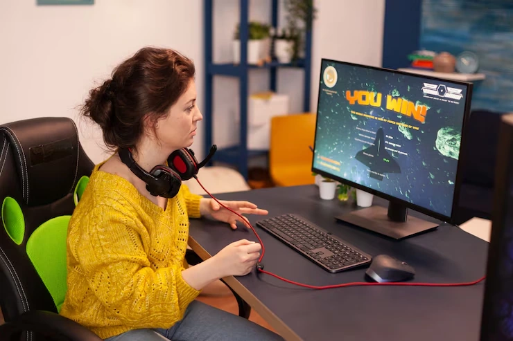 Woman celebrating victory in space game by Roblox Game Development Agency in UK